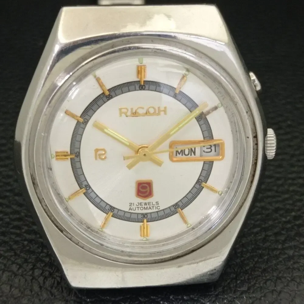 Vintage 1988 Ricoh Automatic Mens Silver Watch W/daydate & Gold accents
